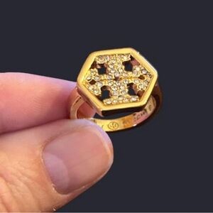 Tory Burch Gold Hexagon Pavé Crystal Logo Ring